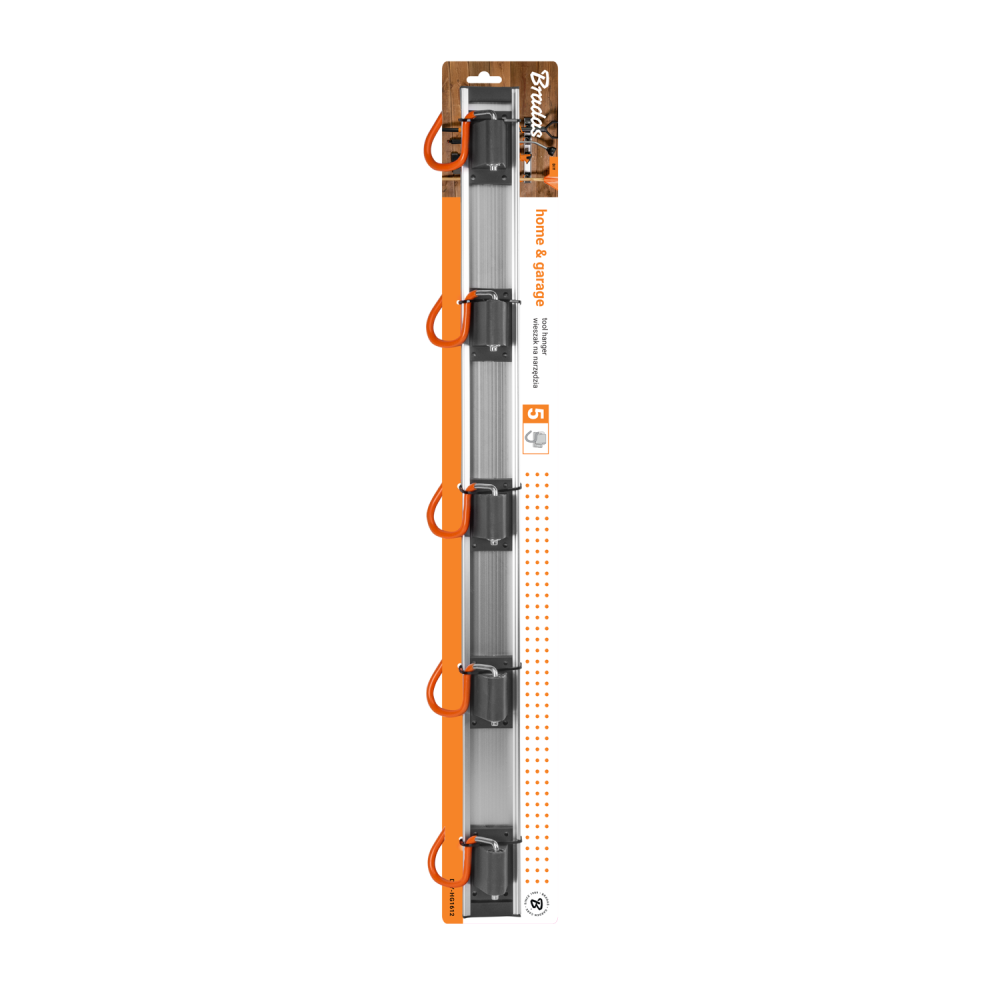 5-hook wall rail package layout with orange S hooks and black holders