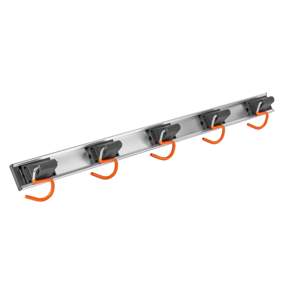 Tool rack rail with 5 orange S hanging hooks and black mounting brackets