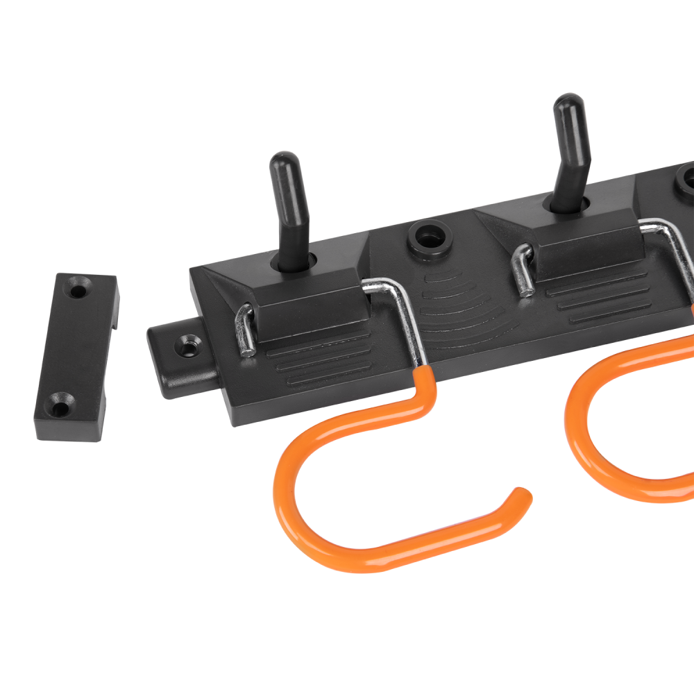 Werkzeugschiene mit orange S-Haken und verstellbarer Halteplatte