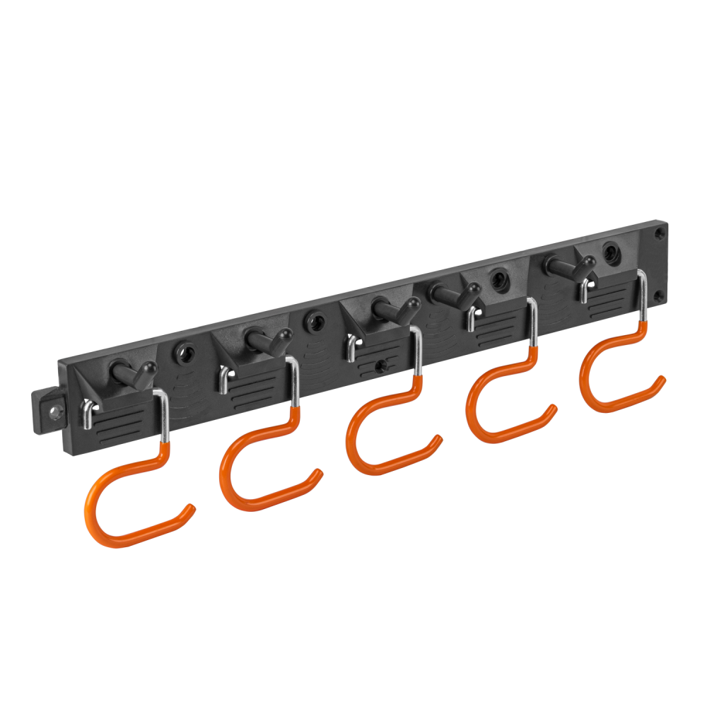 Werkzeugschiene mit verstellbaren Peg-Haken und orange S-Haken