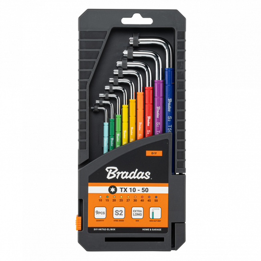 TORX TX extra-long key set (9 pcs), 10–50, color-coded in case