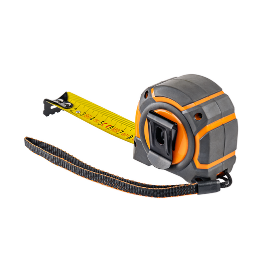 25mm snap tape measure with belt clip, grey/orange reel and yellow tape blade