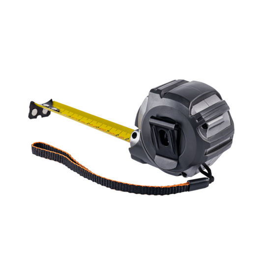 Tape measure 25mm wide with magnetic tip and belt clip, yellow tape extended from case