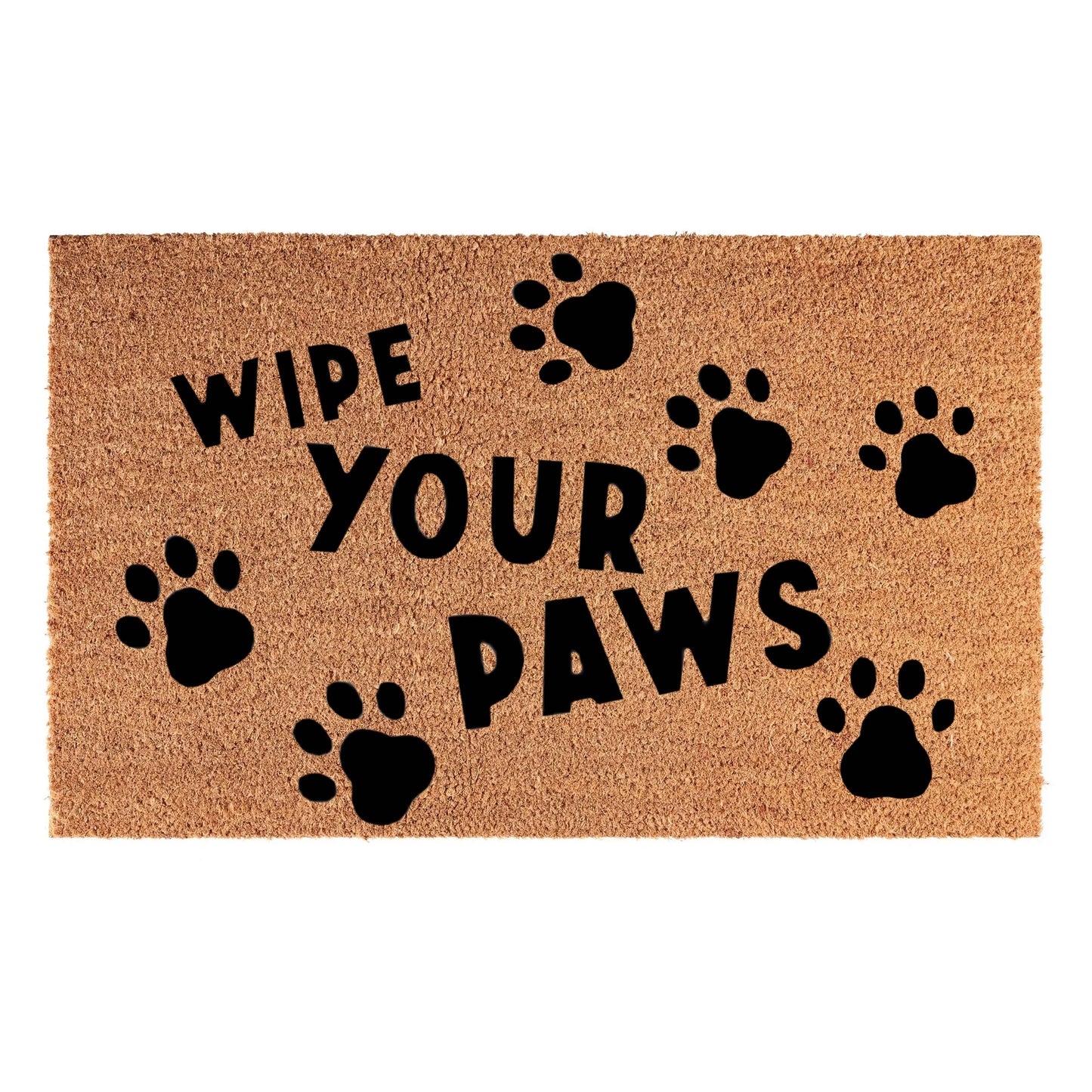 60 x 40 cm coir doormat with “WIPE YOUR PAWS” and black paw-print pattern