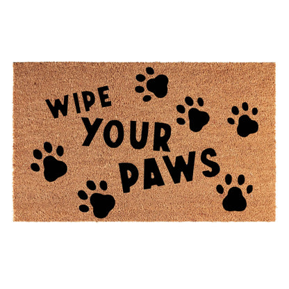 60 x 40 cm coir doormat with “WIPE YOUR PAWS” and black paw-print pattern