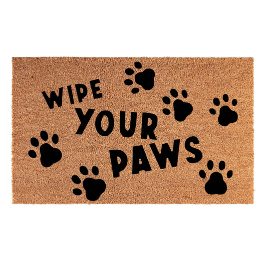 60 x 40 cm coir doormat with “WIPE YOUR PAWS” and black paw-print pattern