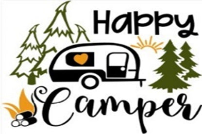 Close-up “Happy Camper” doormat text and caravan illustration with pine trees
