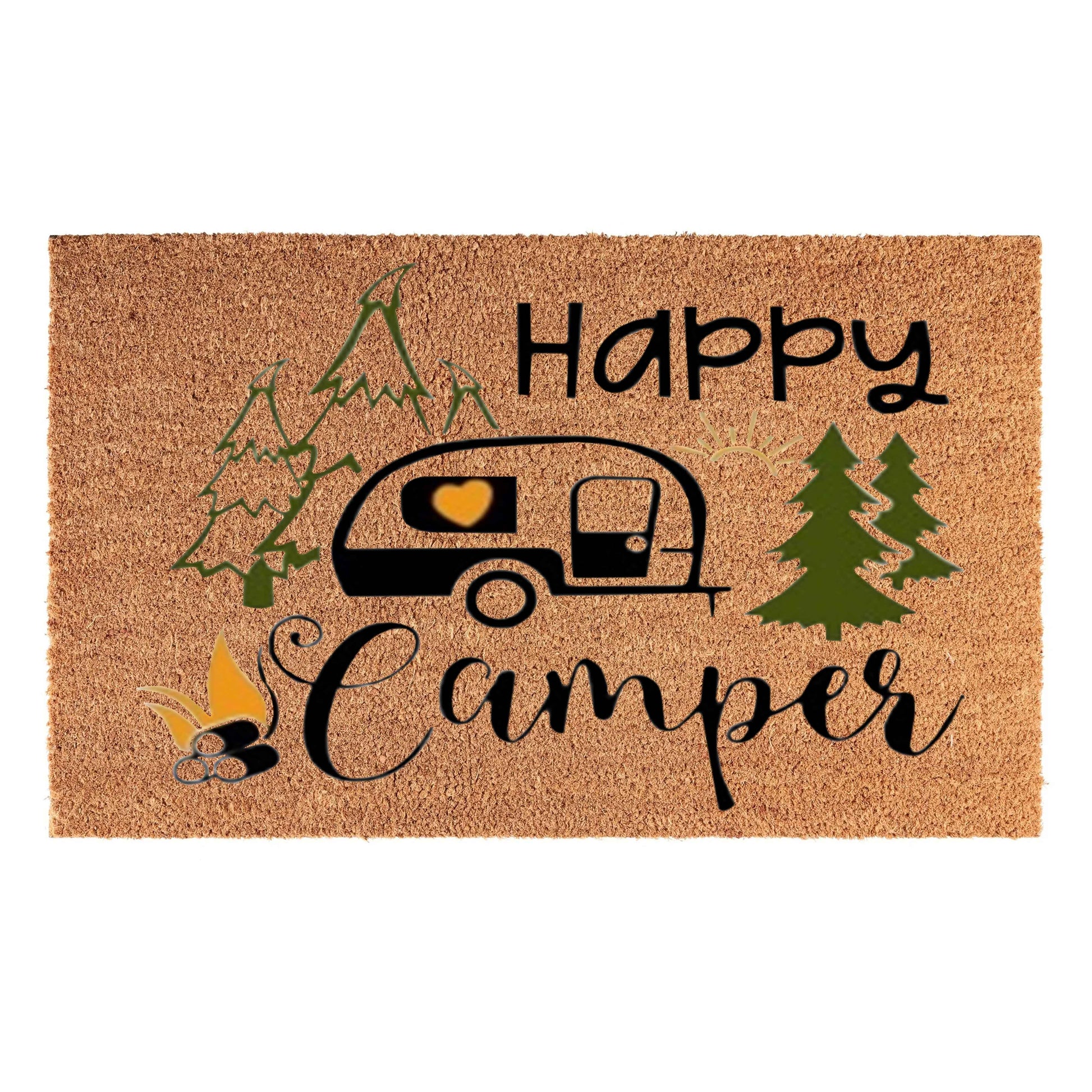 “Happy Camper” doormat 60cm x 40cm with caravan and pine tree graphic