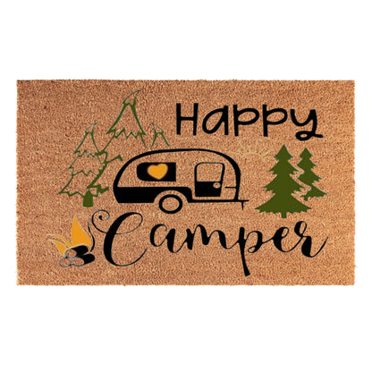 “Happy Camper” doormat 60cm x 40cm with caravan and pine tree graphic