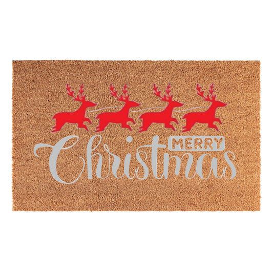 Fußmatte 60×40 cm: 'Merry Christmas' mit roten Rentieren, silberne Schrift