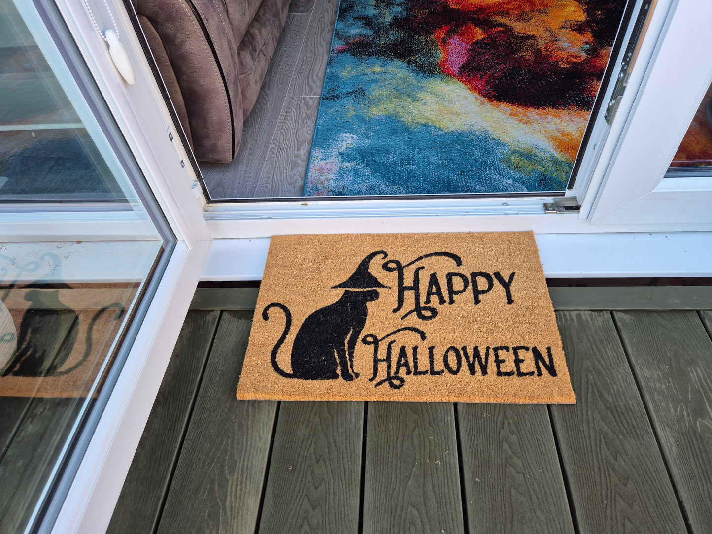 Fußmatte „Happy Halloween“ in Hellbraun mit schwarzer Katze