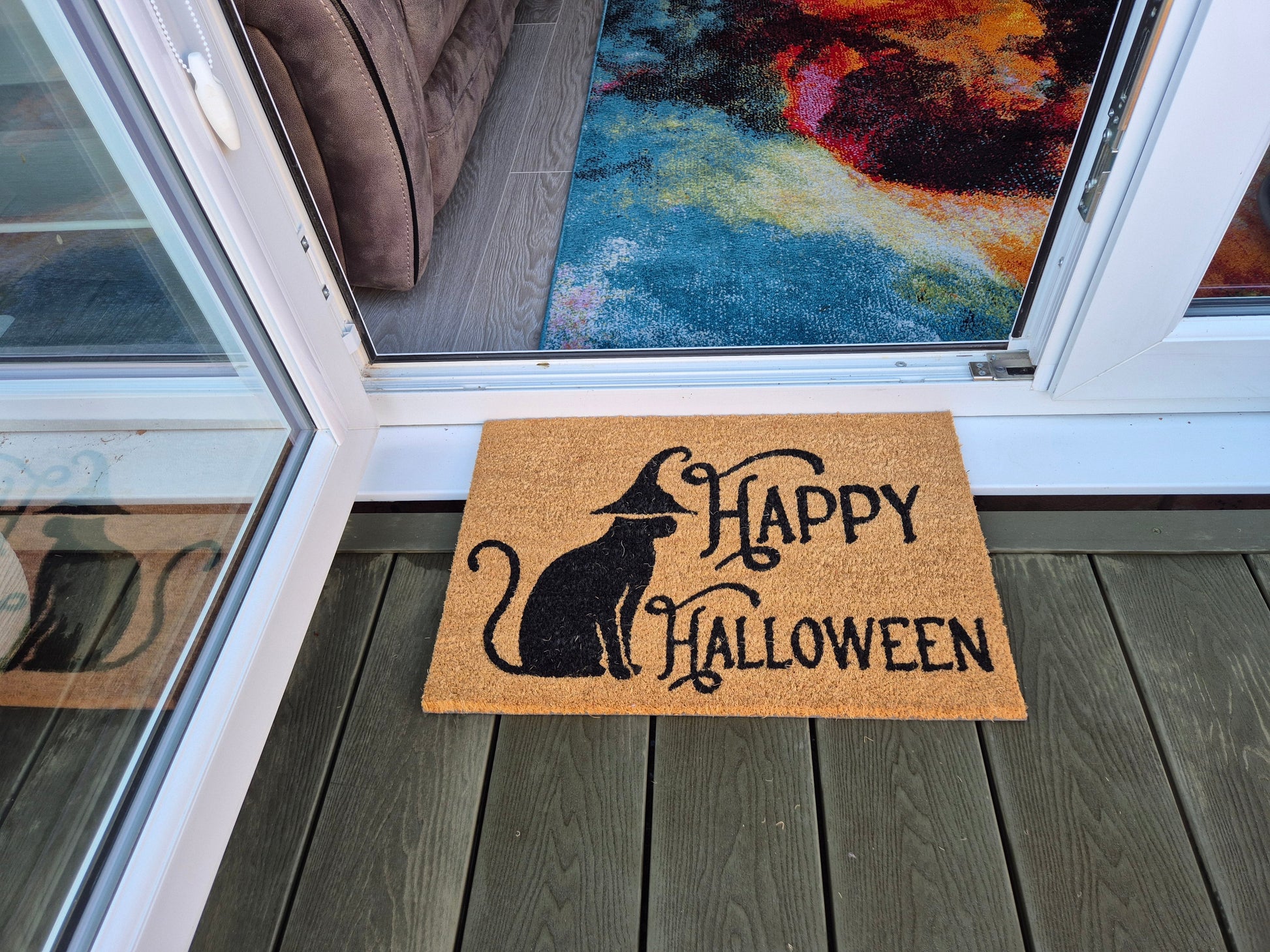 Fußmatte „Happy Halloween“ in Hellbraun mit schwarzer Katze