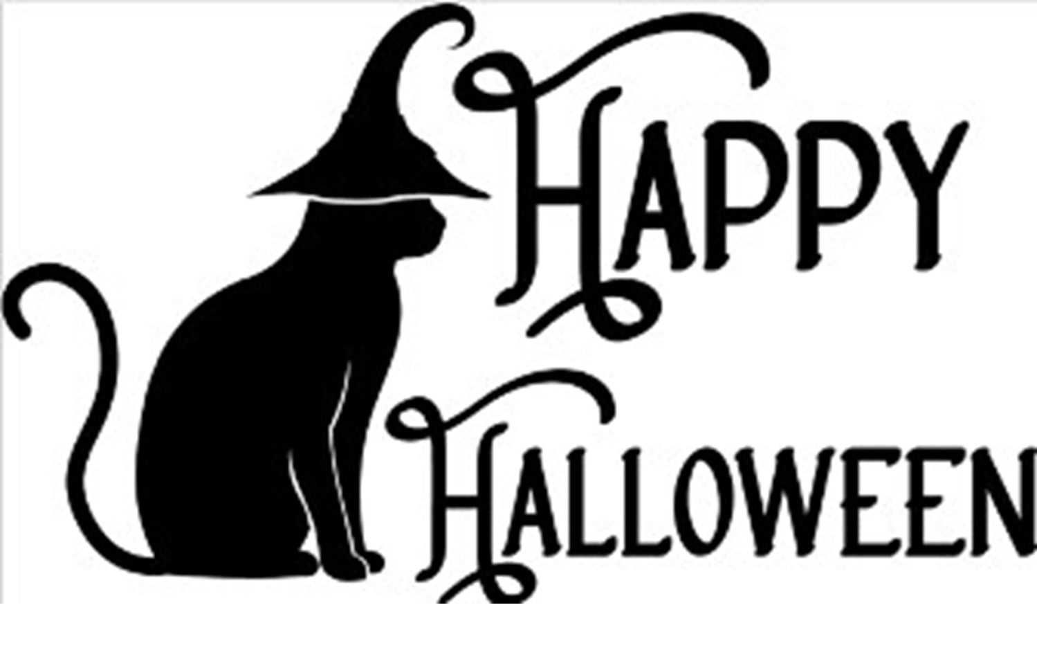 Nahaufnahme: „Happy Halloween“ mit schwarzer Katzen-Silhouette auf braunem Doormat