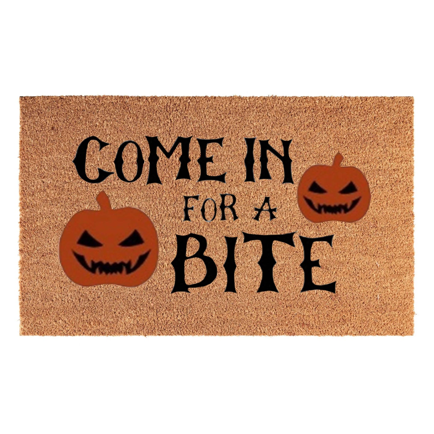 Doormat 60x40cm with 'Come in for a Bite' text and orange jack-o'-lanterns