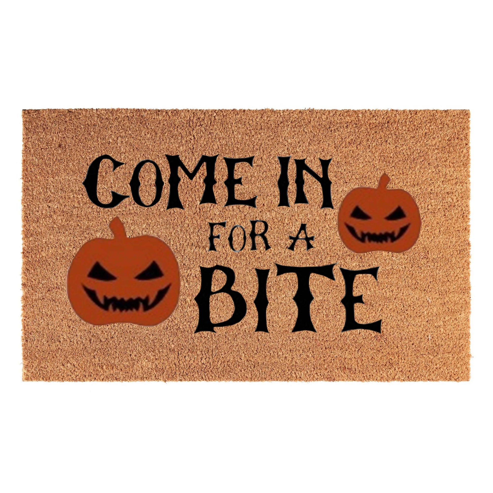 Doormat 60x40cm with 'Come in for a Bite' text and orange jack-o'-lanterns