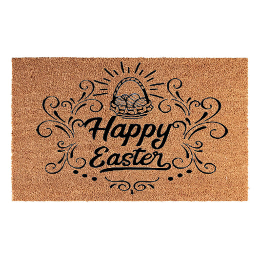 Doormat 60x40 cm with “Happy Easter” lettering and ornate swirls on brown coir