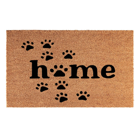 Brown coir doormat 60x40 cm with 'home' and black paw prints