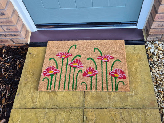 Poppy doormat 60x40 cm with pink flowers and green stems on tan coir