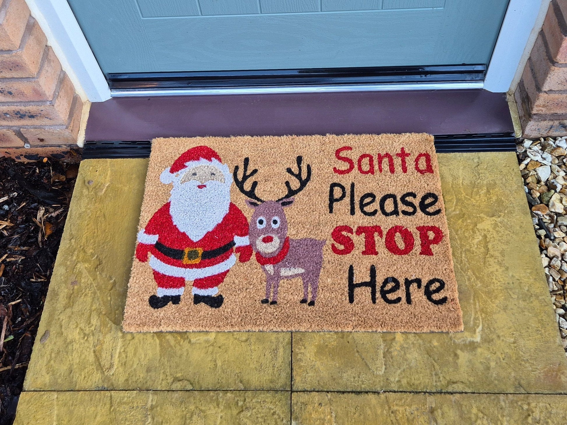 Doormat 60x40cm with Santa and reindeer, reading “Santa Please STOP Here”