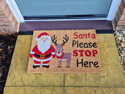 Doormat 60x40cm with Santa and reindeer, reading “Santa Please STOP Here”