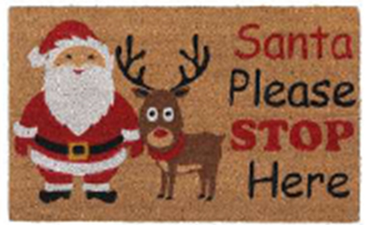 Close-up doormat design with Santa and reindeer text: “Santa Please STOP Here”