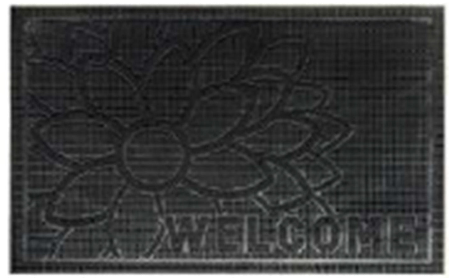 Rectangular black doormat with textured flower design and 'WELCOME'