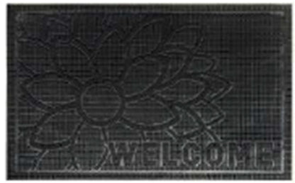 Rectangular black doormat with textured flower design and 'WELCOME'