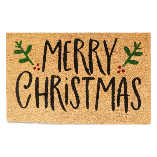 Tan doormat with “Merry Christmas” text and green holly leaf accents