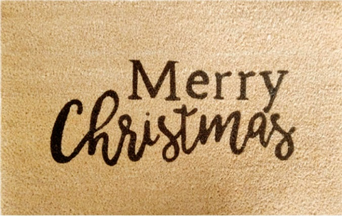 Tan coir doormat with 'Merry Christmas' lettering in black
