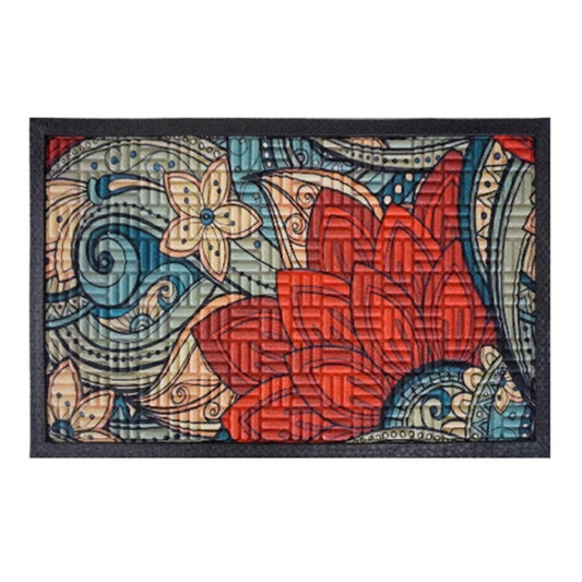 Doormat 75x45 cm with colorful floral and paisley pattern in red, blue, beige; black border