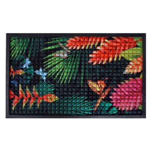 Tropical doormat 75x45cm, dark base with bright leaf and palm print