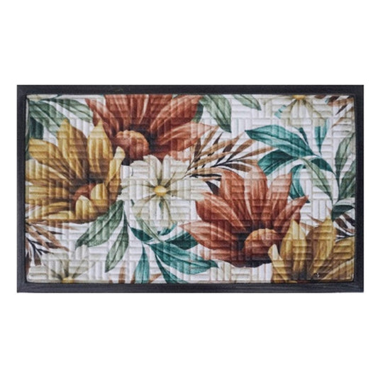 Tropical floral doormat with dark border, 75cm x 45cm, Type E fingertip-style backing