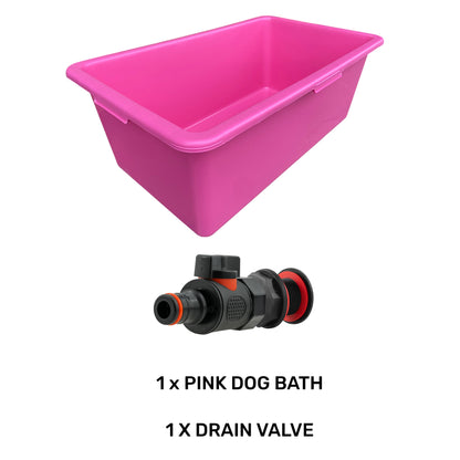 Pink dog bath with black drain valve fitting