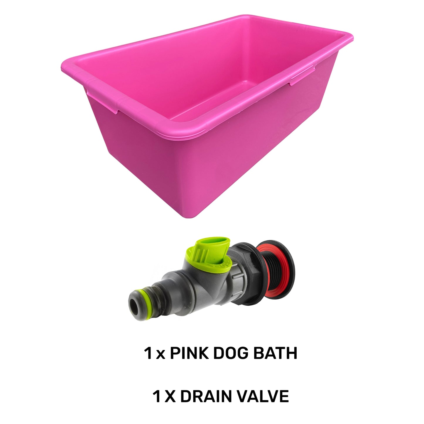 Pink dog bath with lime drain valve, side view plus drain fitting