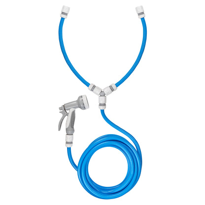 Dog shower mix hot/cold water with blue hoses and silver spray gun with connectors