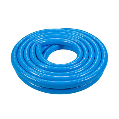 Blue braided dog shower mix hose coils with inner dotted texture