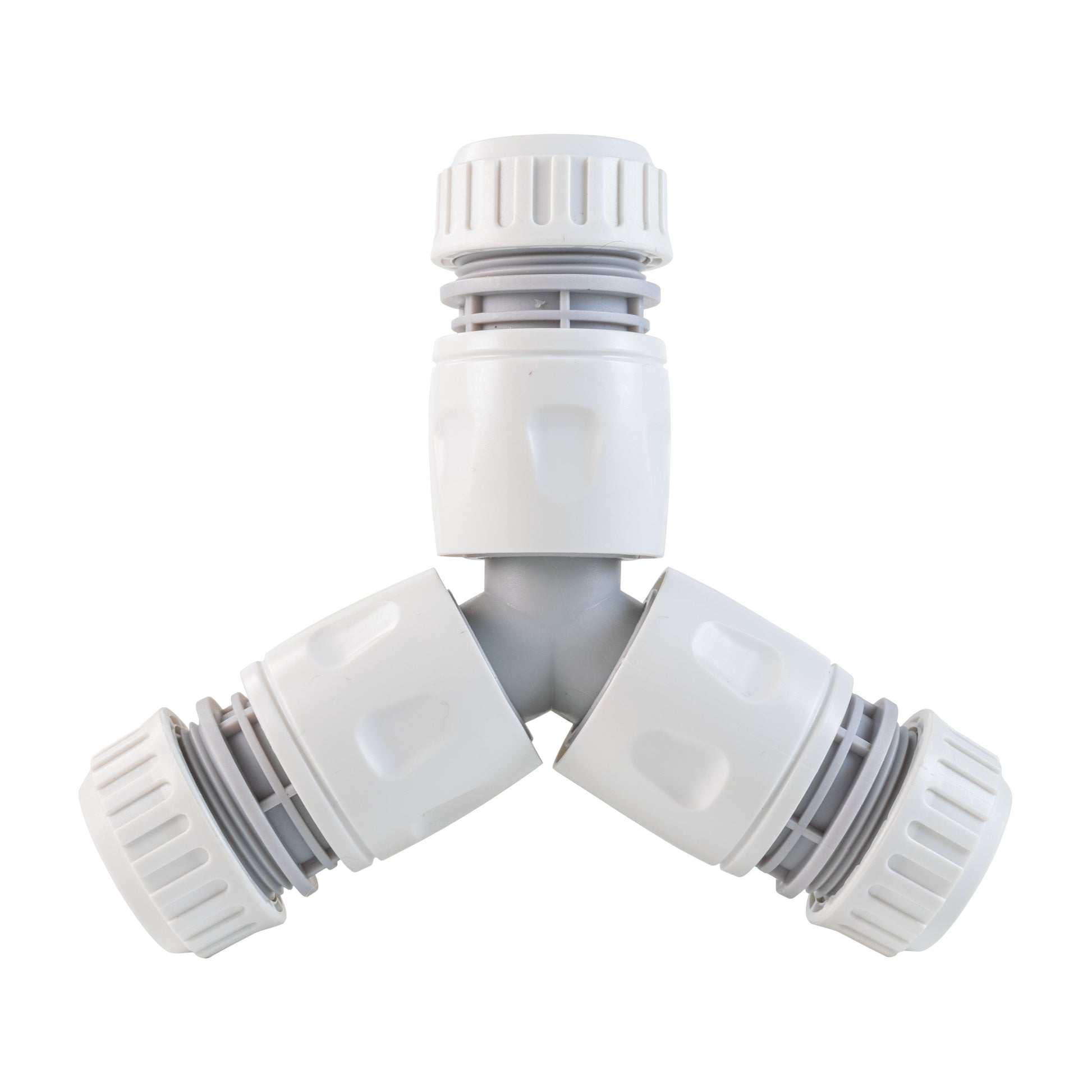 Angle connector for dog shower mix with two white threaded ends