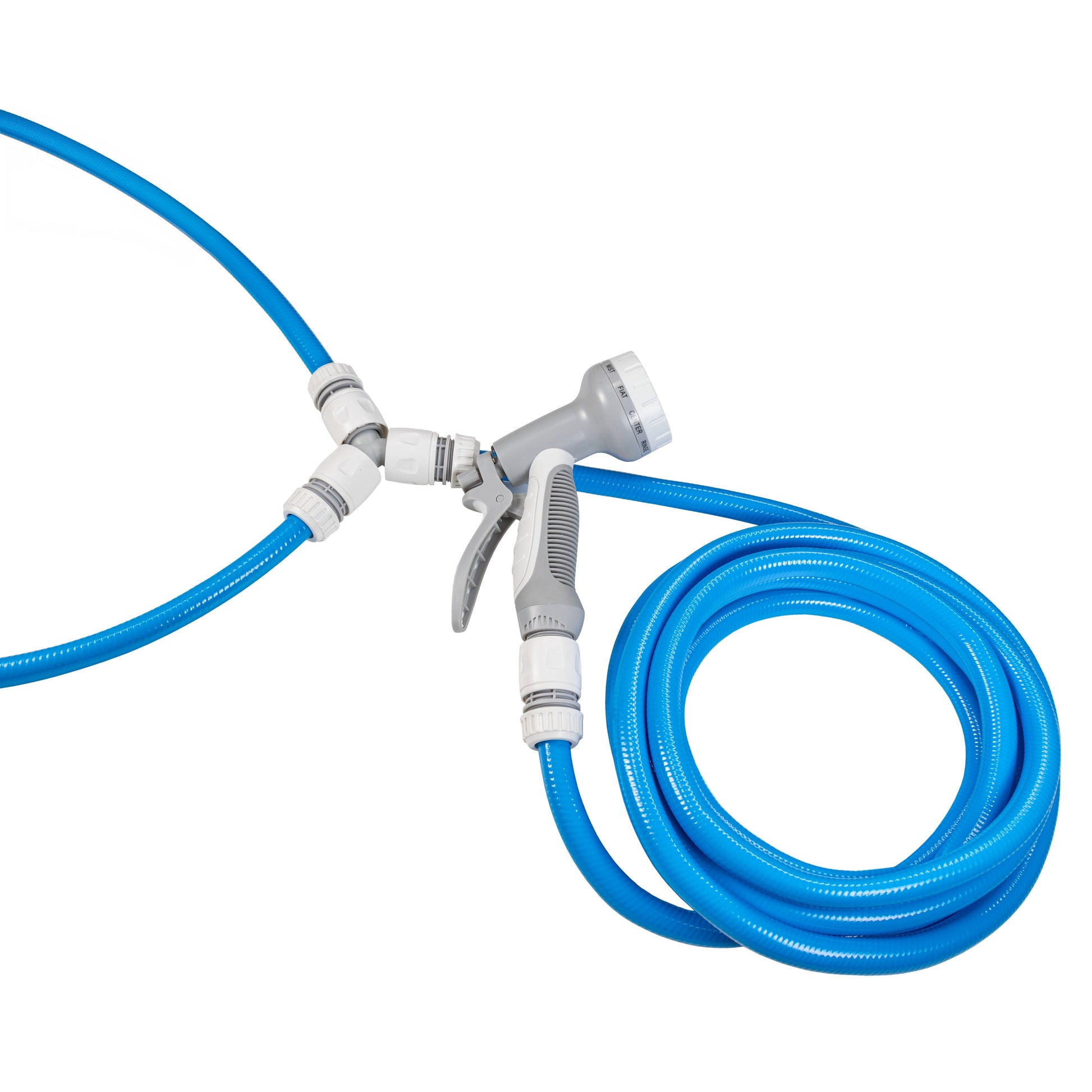 Blue garden hose set for dog shower mix with spray gun and two-way connector