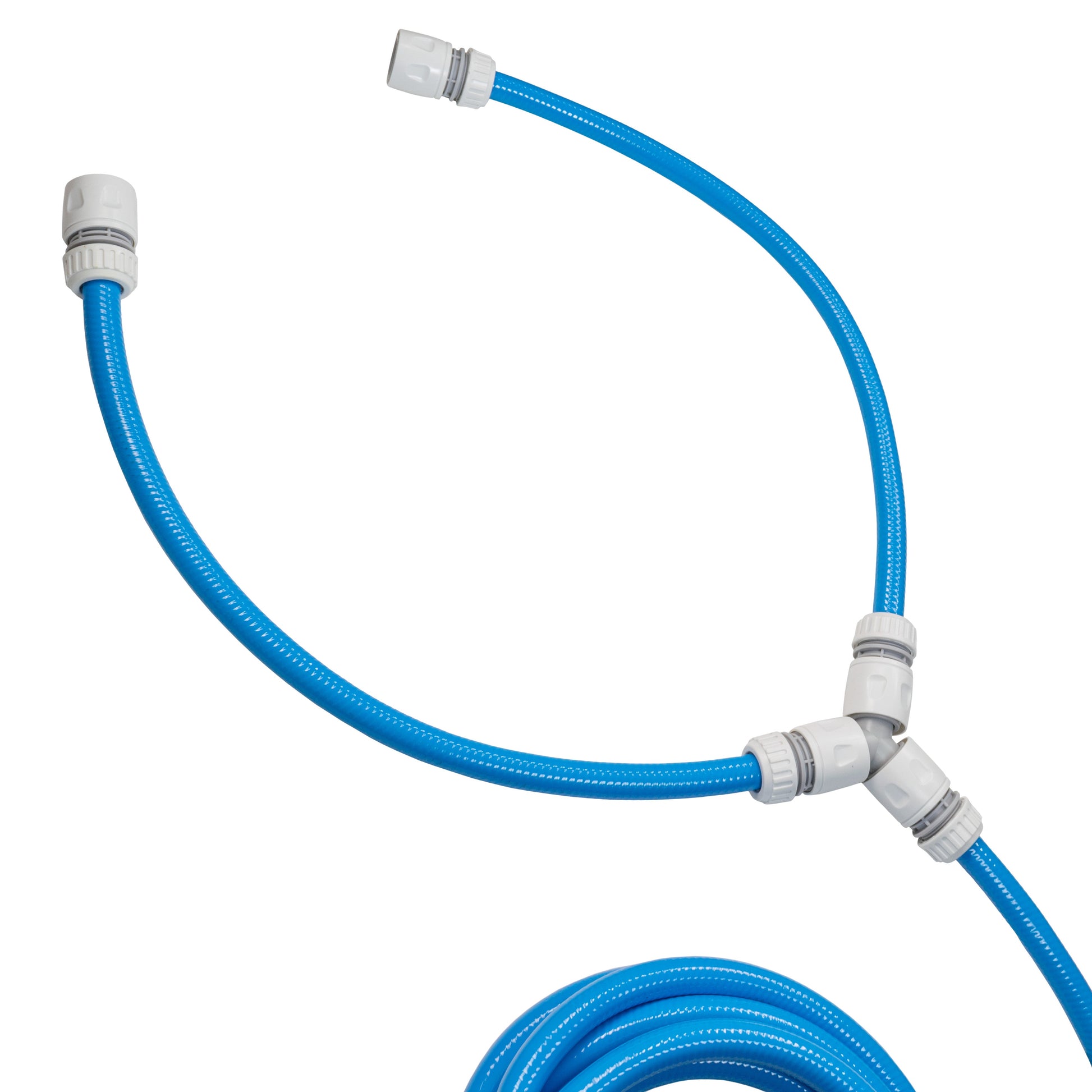 Blue shower hose with white quick-connect ends for dog shower mix