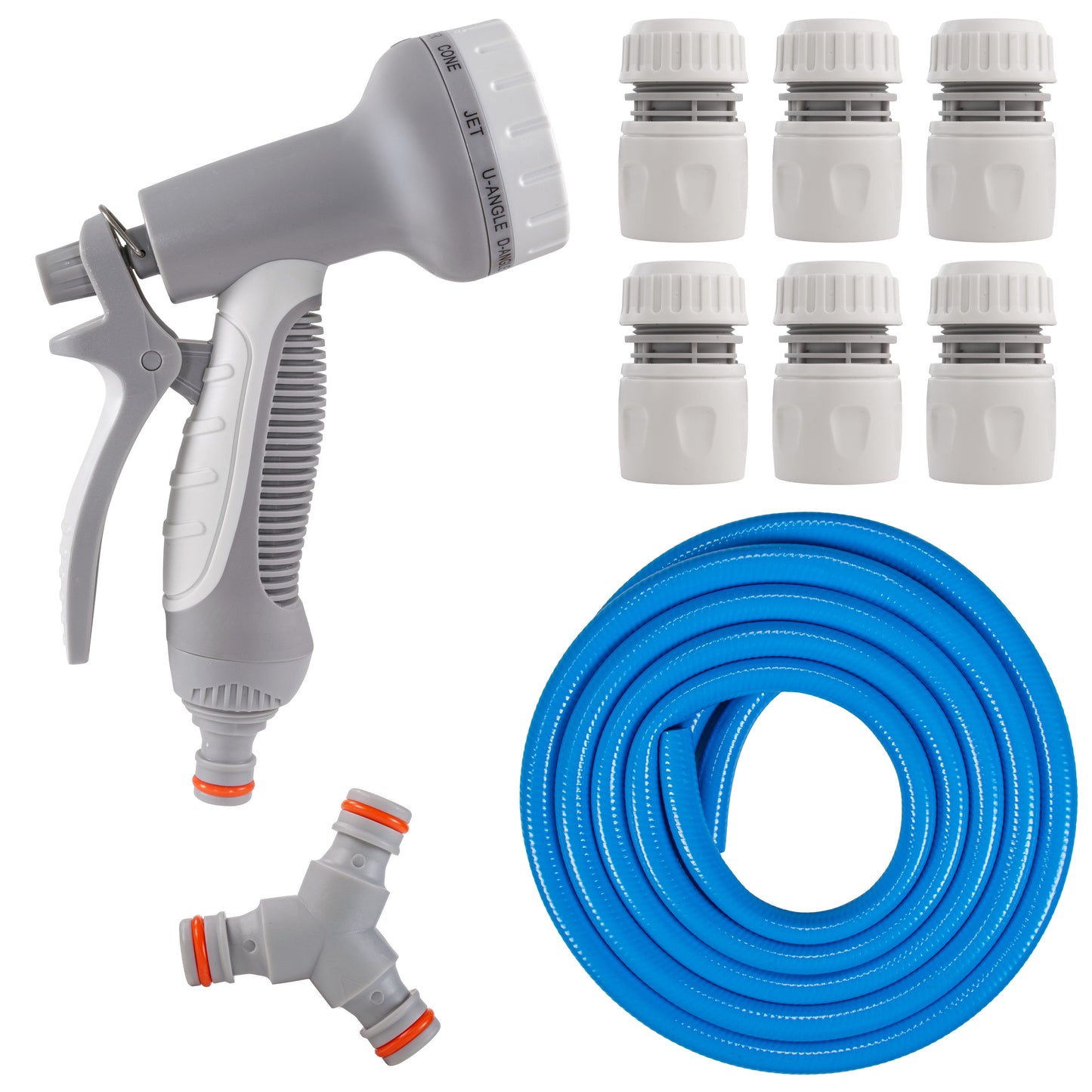Dog shower mix spray gun with blue hose and multiple white hose fittings