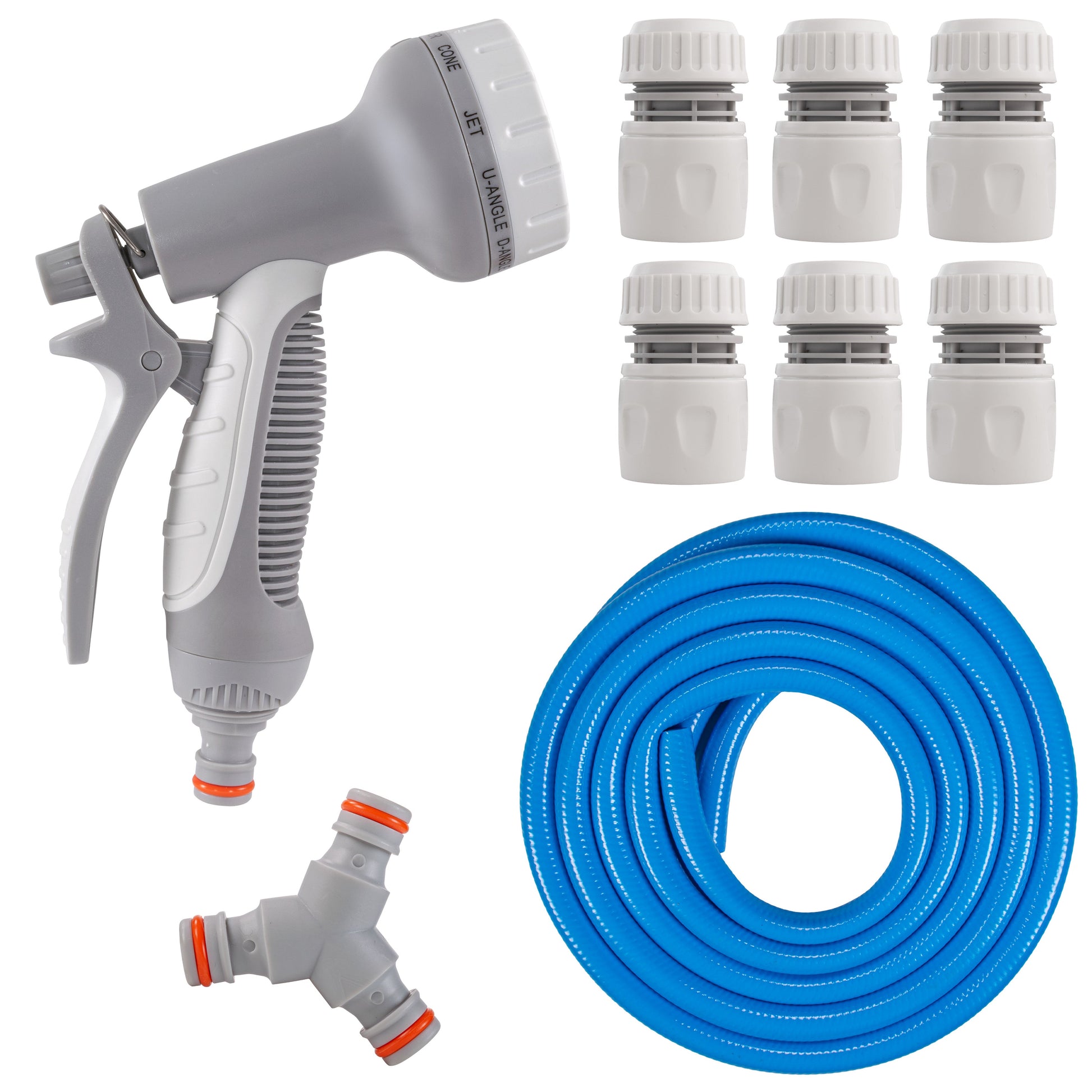 Dog shower mix spray gun with blue hose and multiple white hose fittings