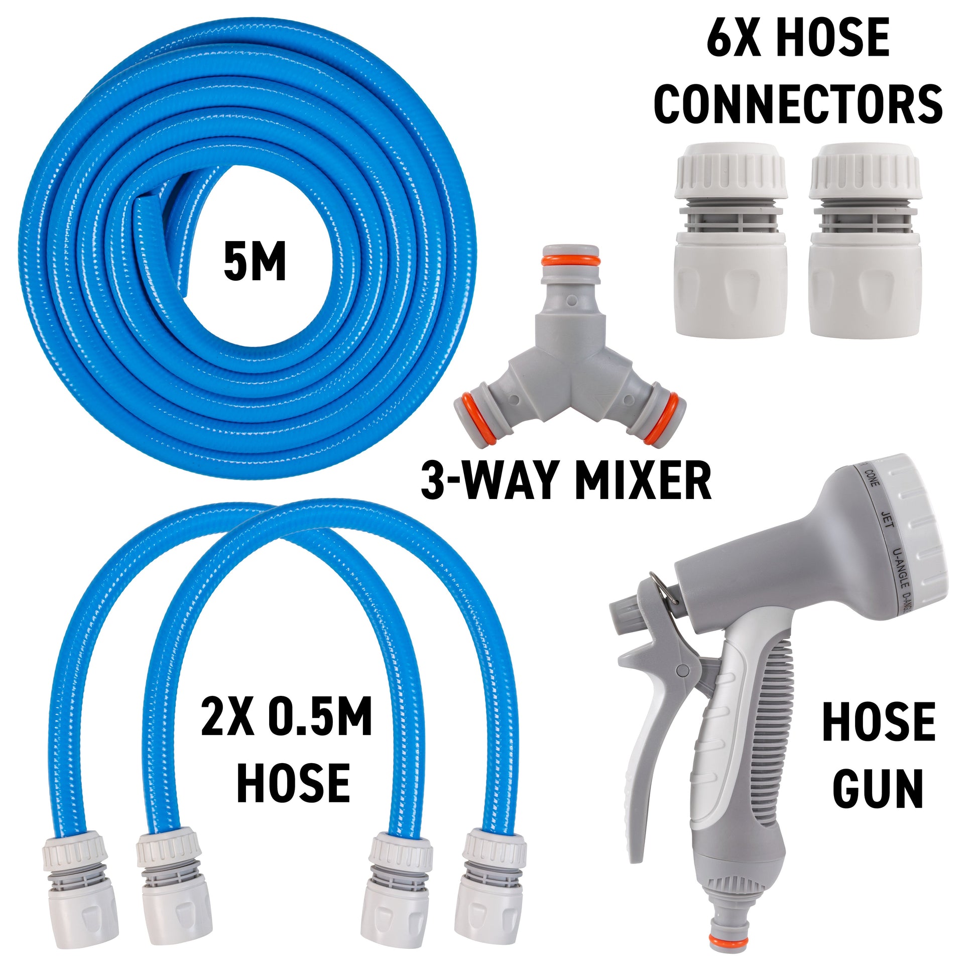 Blue dog shower hot/cold mix set: 5m hose, 0.5m hoses, 3-way mixer, gun