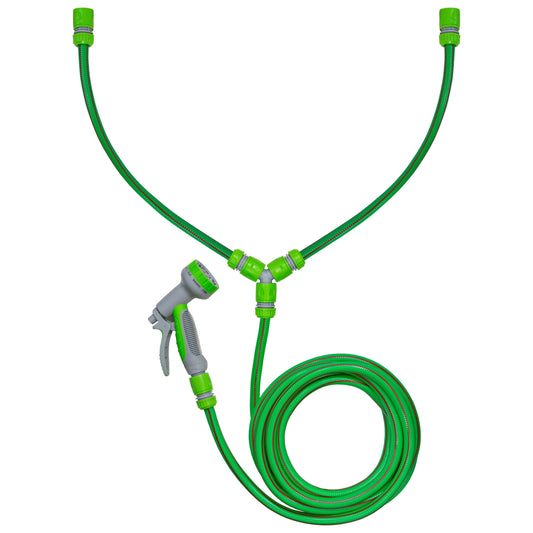 Green hot/cold dog shower hose set with 3-way mixer and spray gun