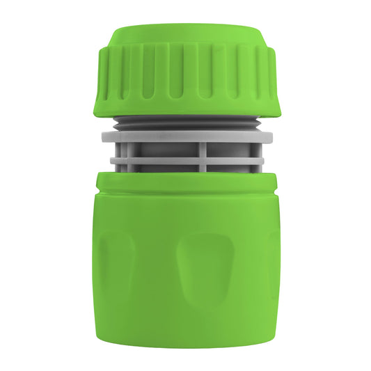 Female hose connector, green with gray ring and ribbed grip end