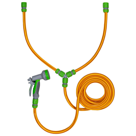 Dog shower water mixer hose kit with orange hose and green hot/cold connectors