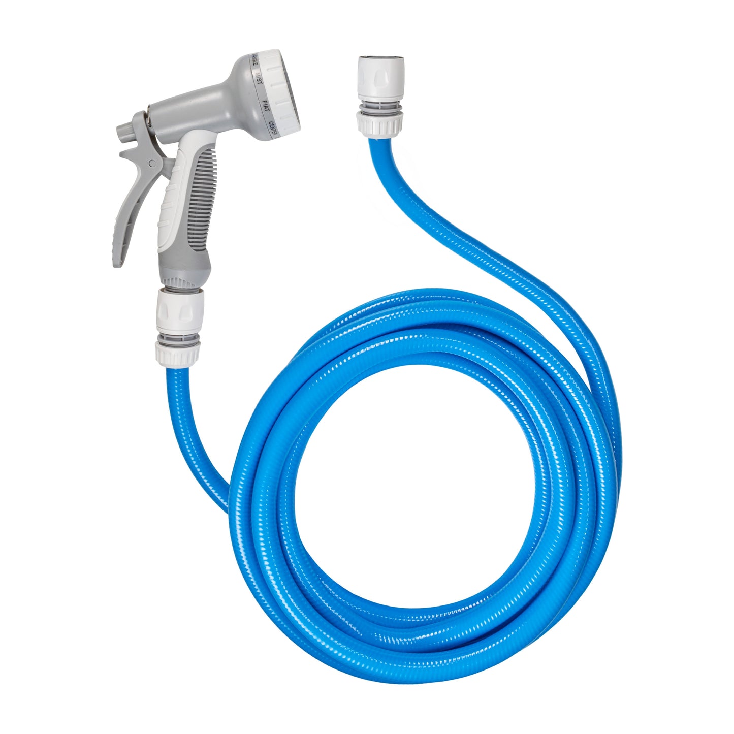 Dog shower kit: blue hose with grey cold-water spray gun and connector