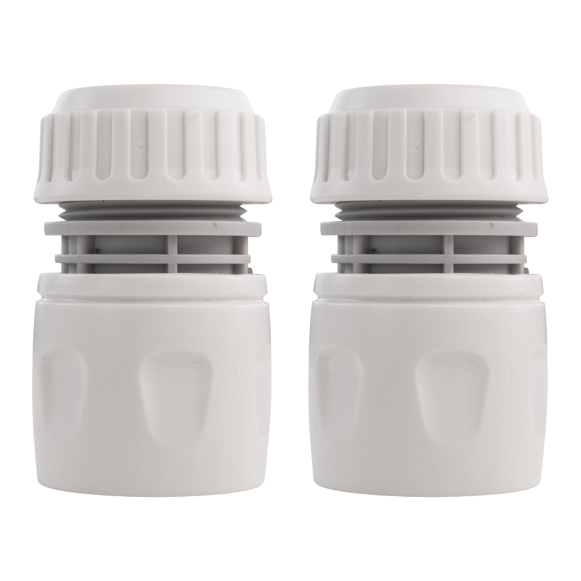 Two white hose connectors with ribbed sleeves and inlet openings