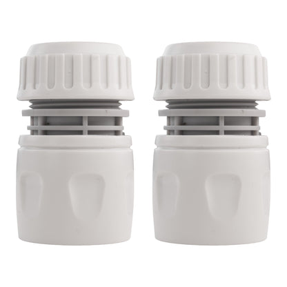 Two white hose connectors with ribbed sleeves and inlet openings