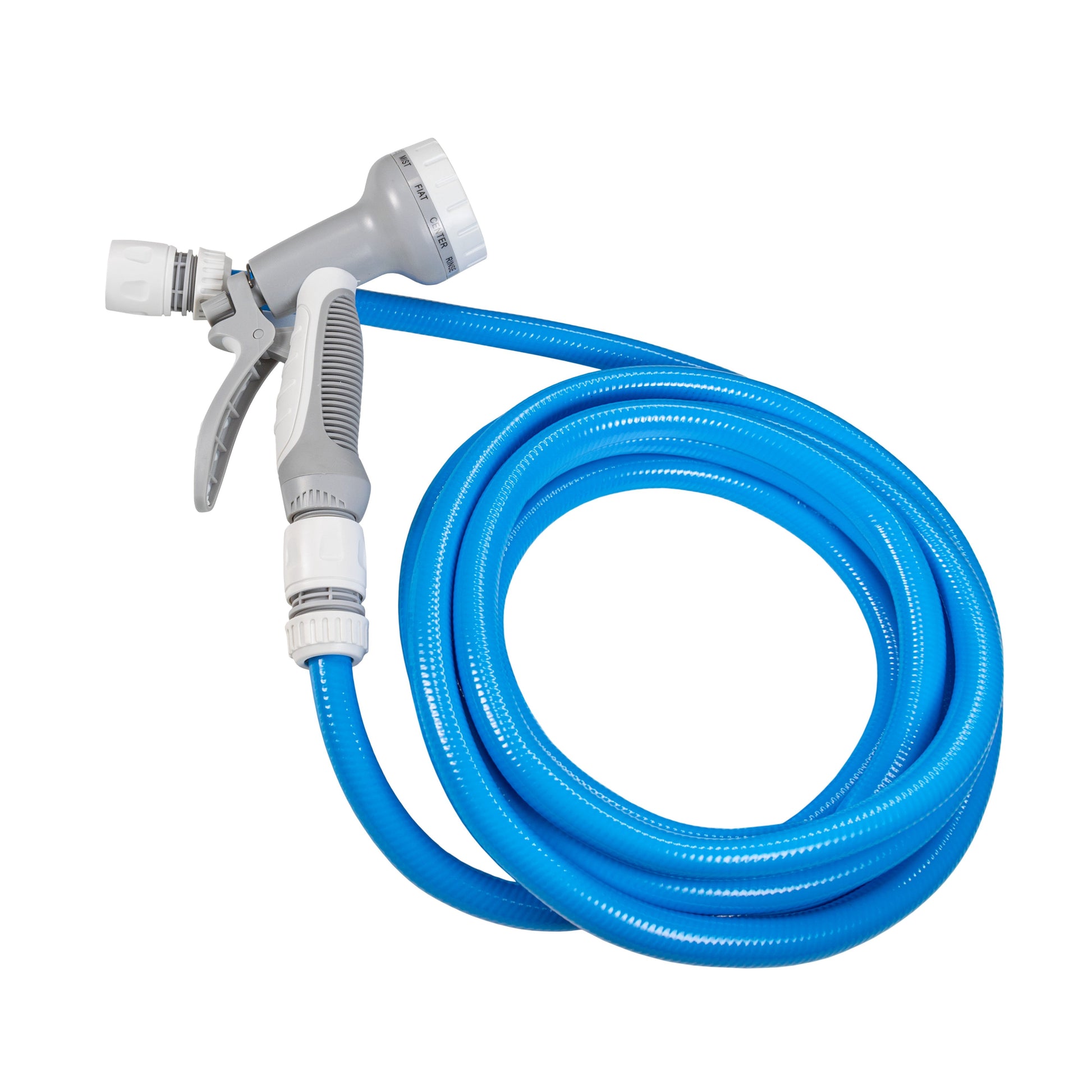 Dog shower kit: grey spray gun attached to blue hose