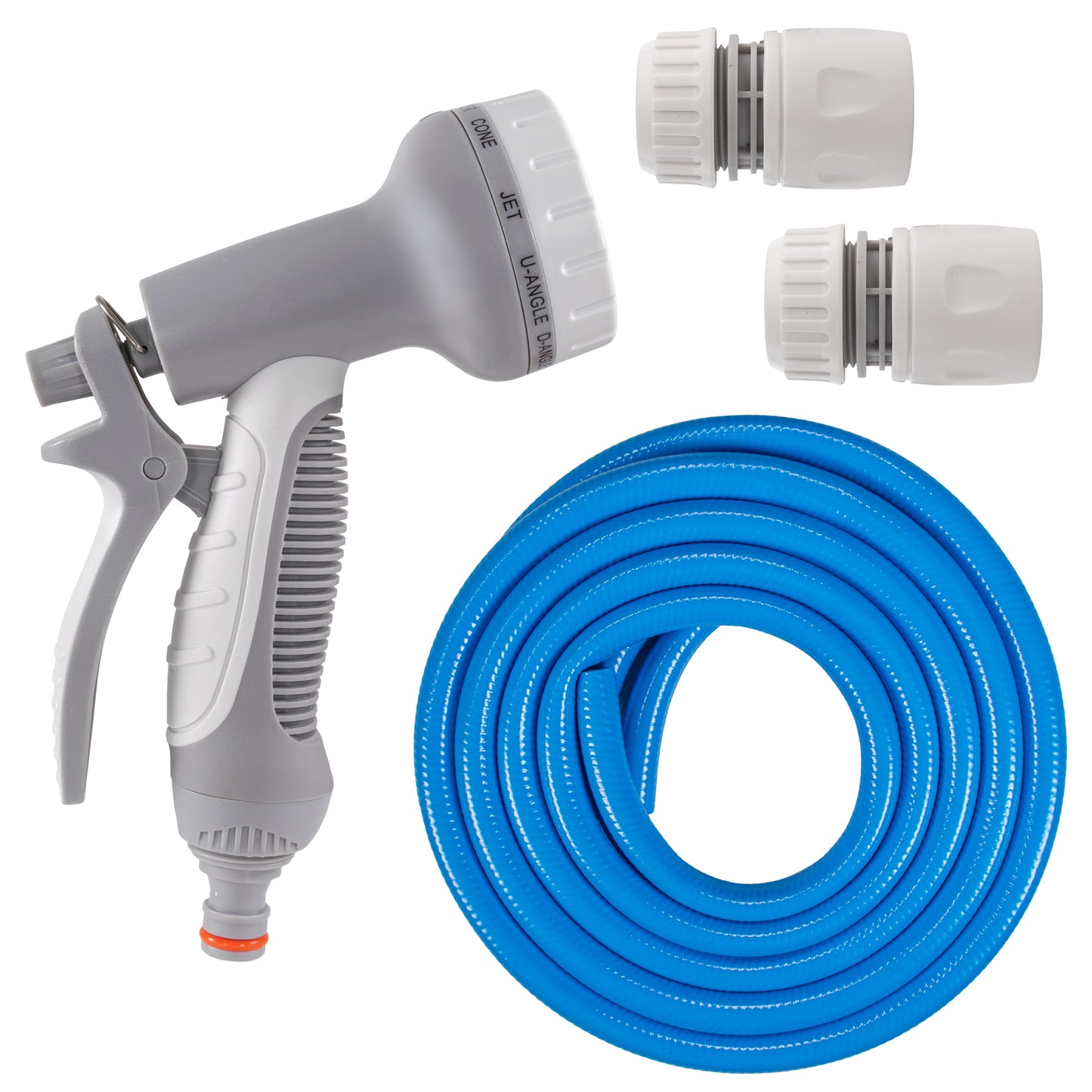 Dog shower kit: grey hose gun with spray nozzle and blue hose coil